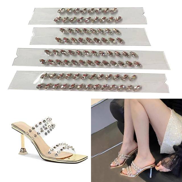 High Heels Slippers with Hand-nailed Rhinestones Transparent Upper Shoe Uppers