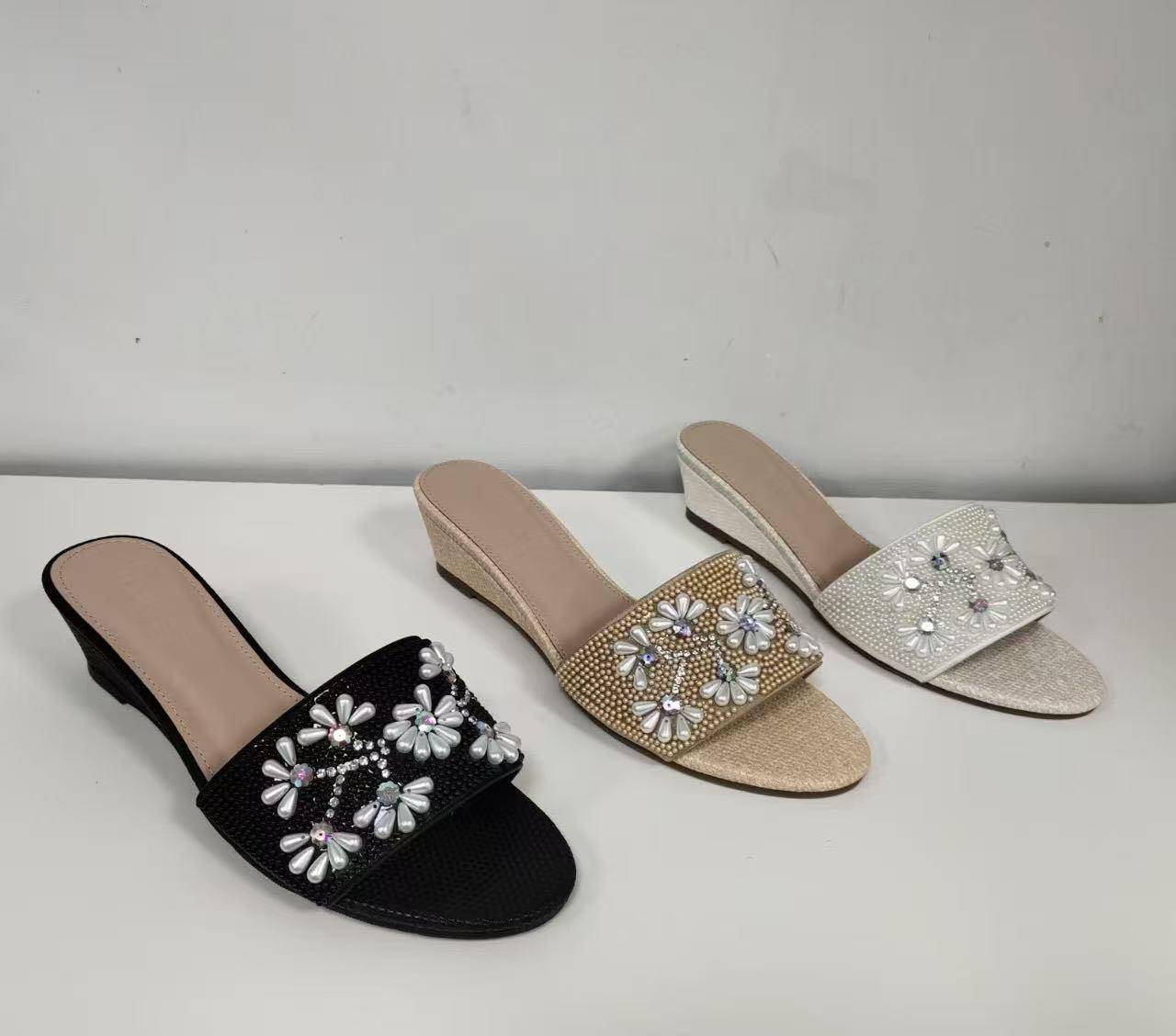 Women's Summer Cotton Fabric Denim Sandal Uppers with Floral Pearl Accents Handmade Comfortable Breathable & Durable - Image 2