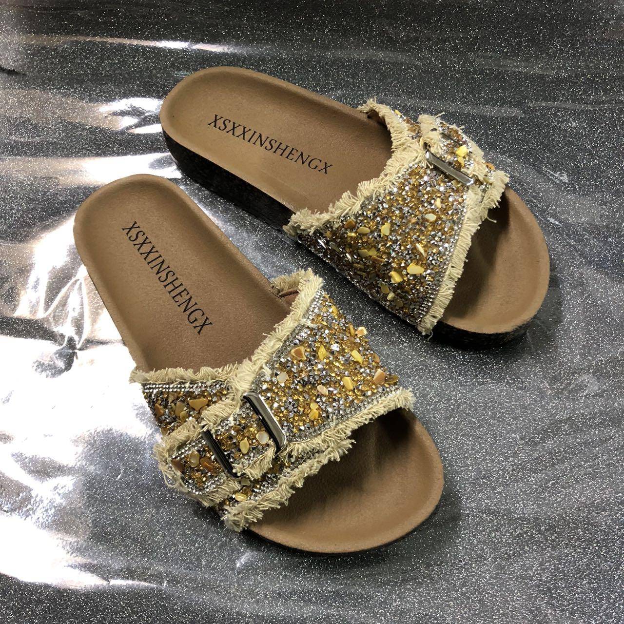 Jeans Fabric Double Buckle Bead Sandals Slippers Rhinestone Upper Y Upper Accessories Wholesale - Image 3