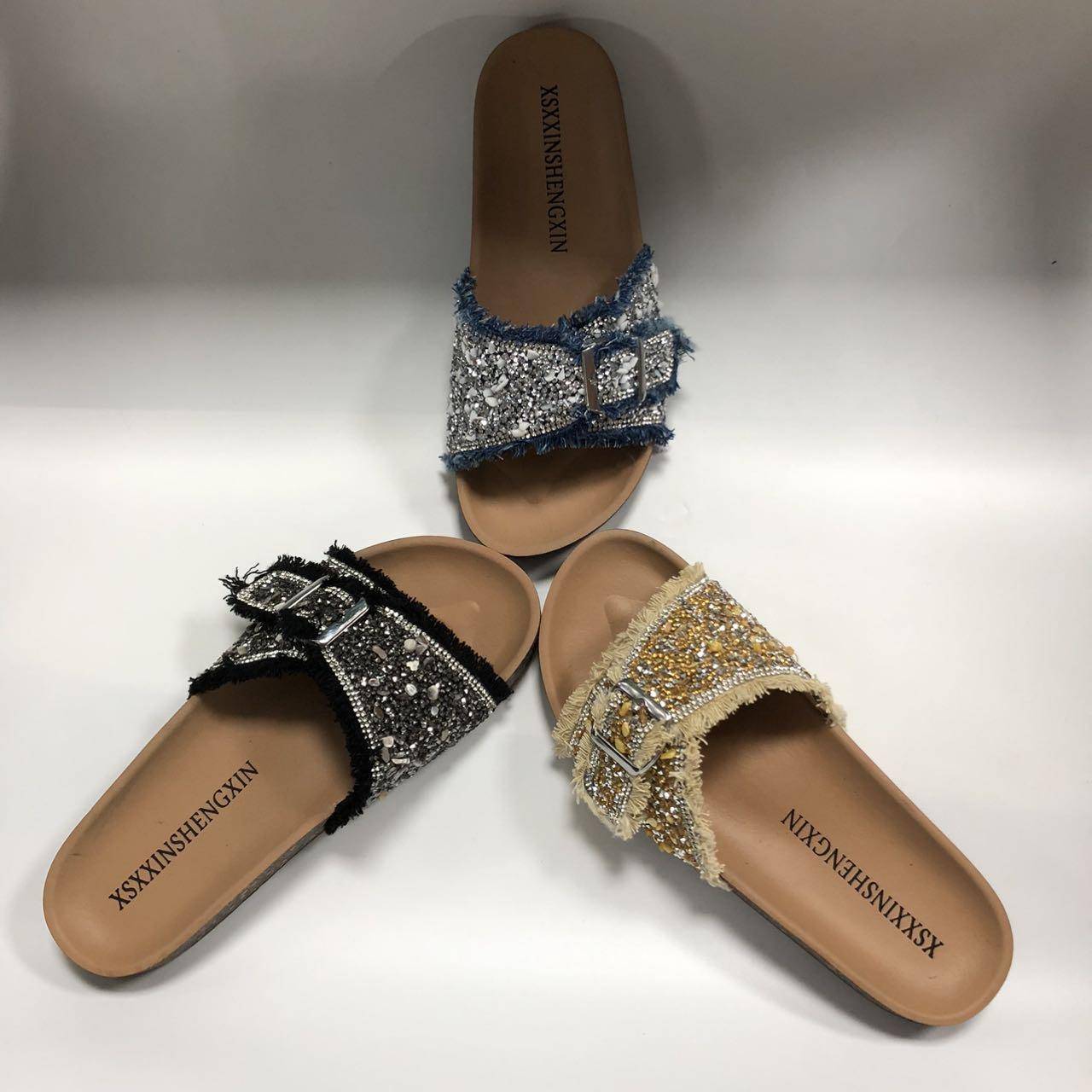 Jeans Fabric Double Buckle Bead Sandals Slippers Rhinestone Upper Y Upper Accessories Wholesale - Image 2